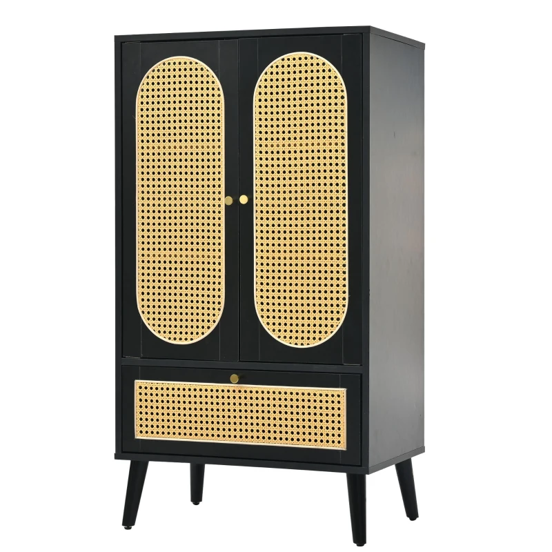 Rattanschrank 60x40x110 cm, Kompaktes Sideboard mit Schublade, Modernes Design für Wohnzimmer oder Schlafzimmer, Schwarz