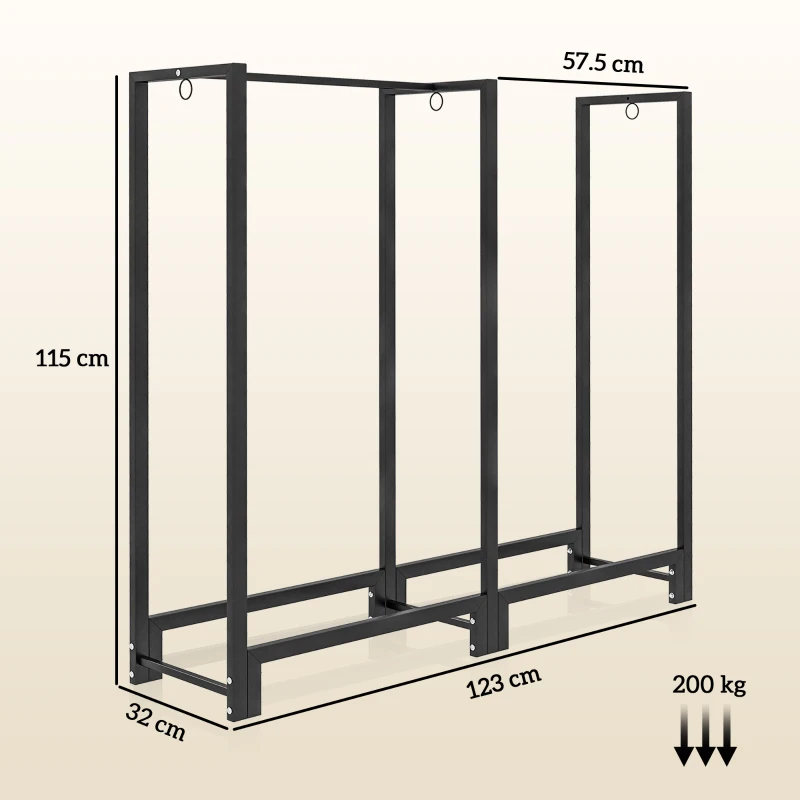 Outsunny Suport pentru Lemne de Exterior cu 2 Secțiuni, 6 Picioare și 3 Inele, 123x32x115 cm, Negru
