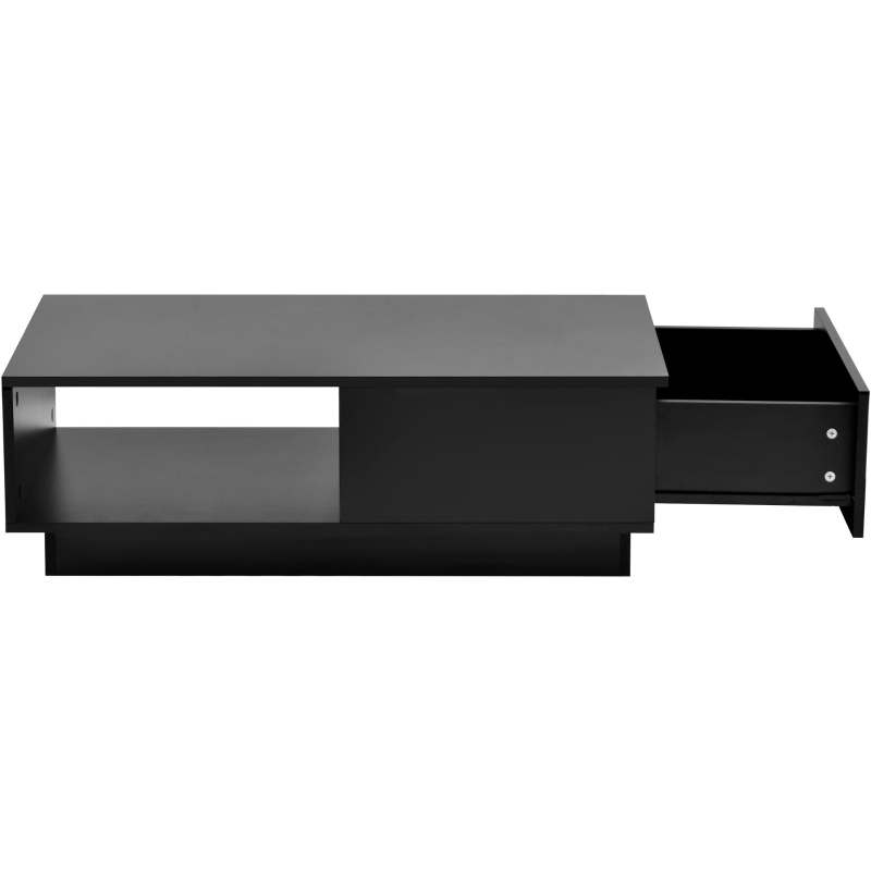 Table basse moderne en finition brillante avec éclairage LED,  15 couleurs,  1 tiroirs et 2 étagères,  95×55×32 cm, Noir