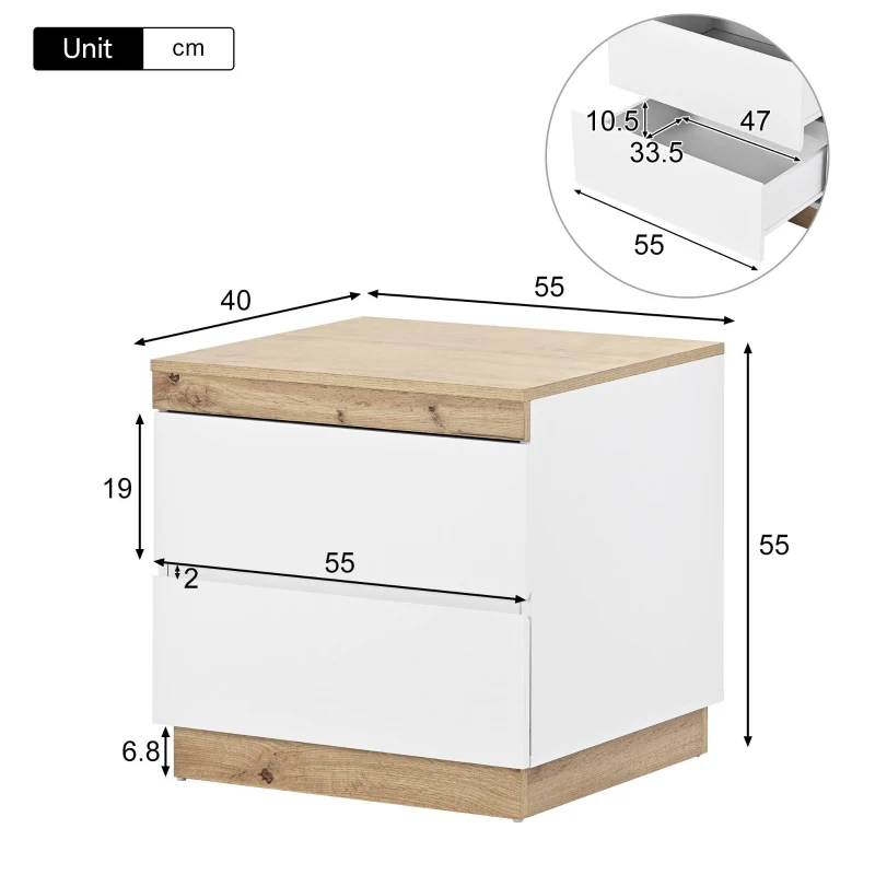 Comodino con due cassetti, funzione contenitore, per camera da letto, Bianco + Naturale