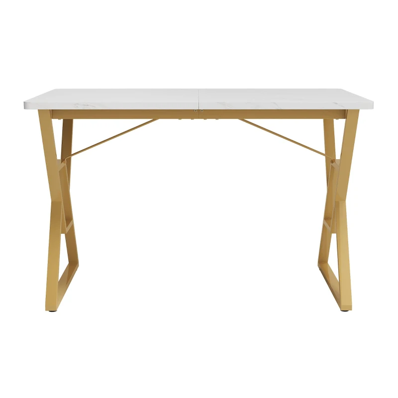 Table à manger avec pieds en métal, marbrure moderne, structure métallique stable, 119×70×75 cm,Blanc+Or