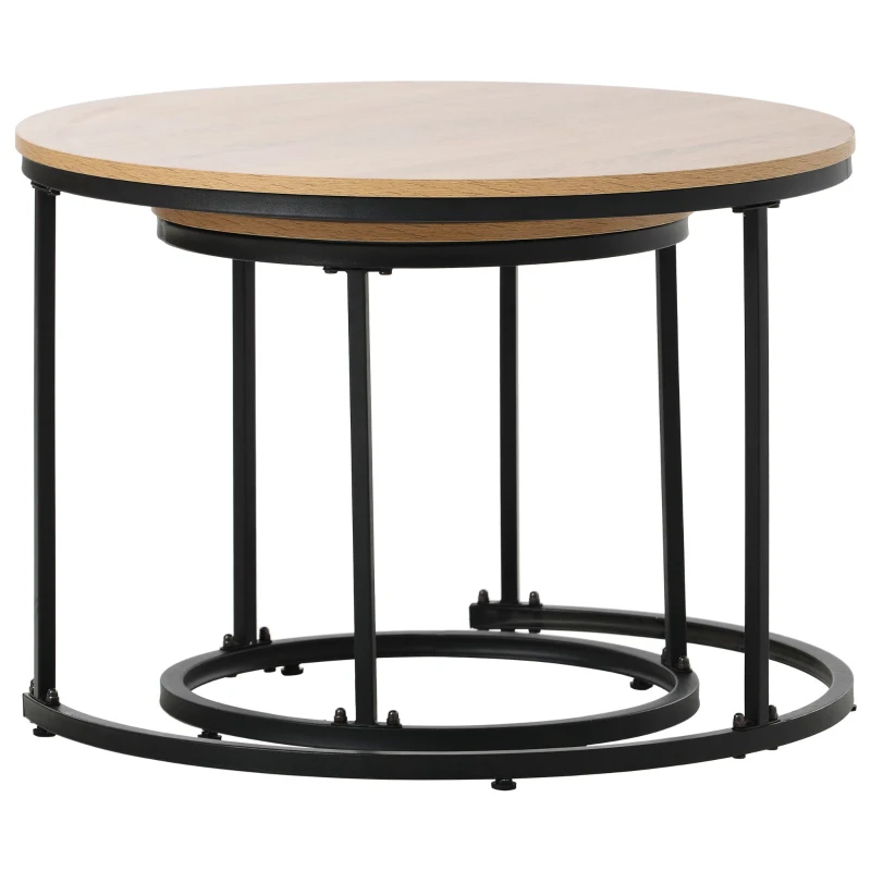 Set di 2 Tavolini da Salotto Rotondi, Tavolini Impilabili in MDF e Metallo, Design Salvaspazio, Tavolo Grande: 50 x 70,5 cm, Tavolo Piccolo: 45,5 x 44 cm, Naturale