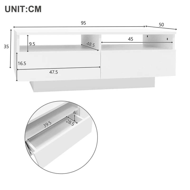 Tavolino da salotto LED lucido con 2 cassetti, con luci LED a 16 colori e USB, 95×50×35 cm, Bianco