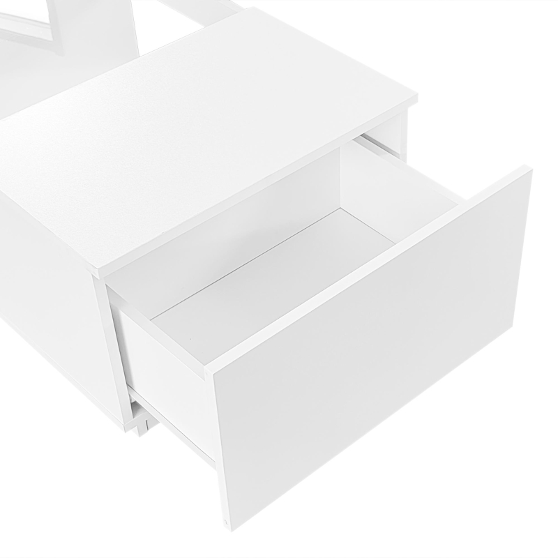 Table basse blanche avec revêtement en verre,  éclairage LED,  contrôle par application,  2 tiroirs et compartiment ouver, Blanc