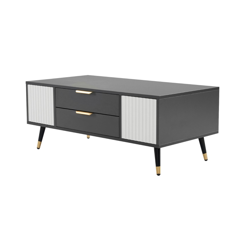 Măsuță de cafea modernă 100×50×40 cm cu 2 uși, 2 sertare și accente aurii, spațiu de depozitare practic, Alb+gri
