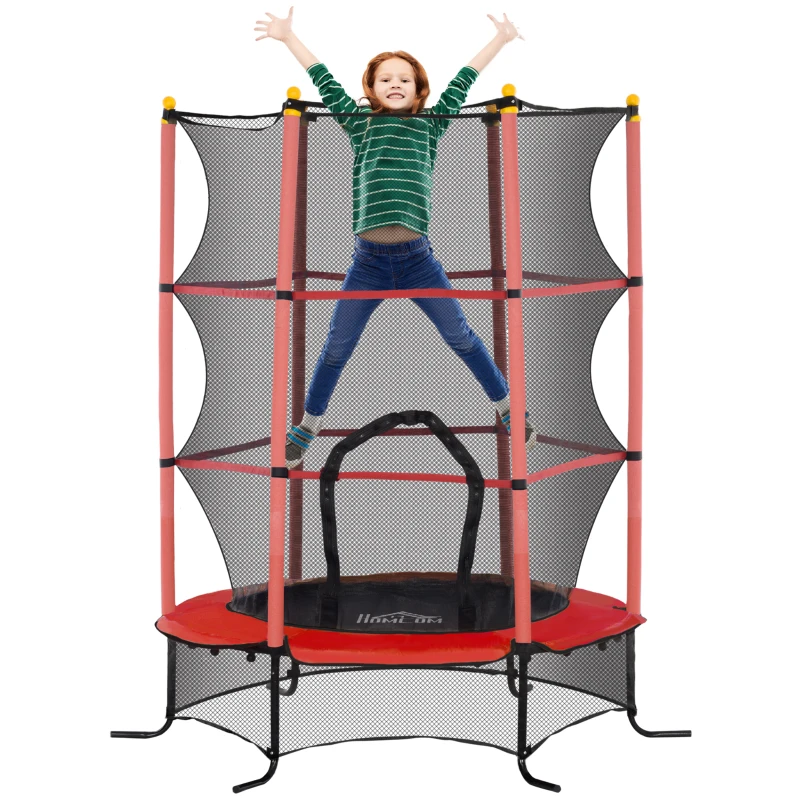 HOMCOM Kindertrampoline, Ø163 cm, met Veiligheidsnet, voor Binnen en Buiten, Belasting Tot 50 kg, Staal, Kunststof, Rood