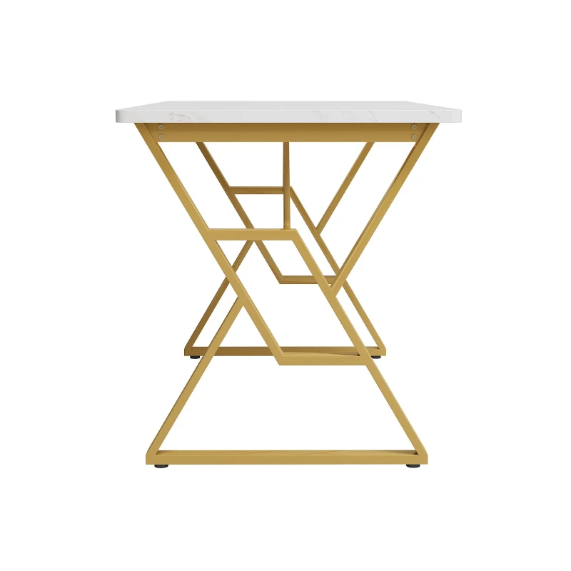 Tavolo da pranzo con gambe in metallo, effetto marmorizzato, struttura in metallo stabile, 119×70×75 cm,Bianco+Oro