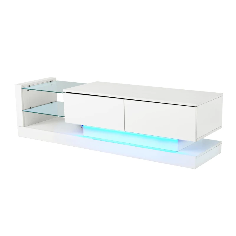 Stilvoller Hochglanz-TV-Schrank, 1,4m Länge, 16-farbige LED-Beleuchtung, für 60-Zoll-Fernseher, mit Glasablage und verstecktem Stauraum, 140×38×38 cm,  Weiß