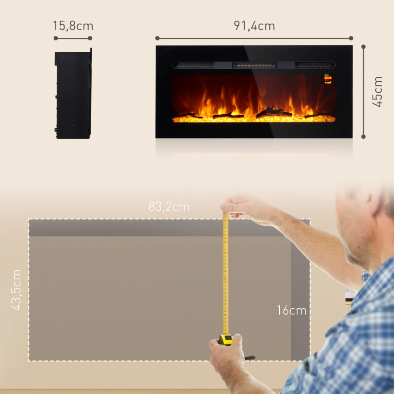 HOMCOM Elektrische Haard voor Wandmontage met Afstandsbediening, Kunstmatige Houtblokken en Kristallen, 1800W, Zwart(m-3)