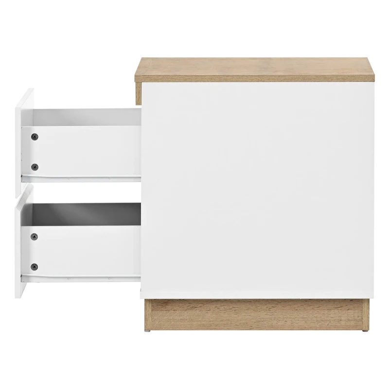 Table de chevet avec deux tiroirs, commode de nuit en panneau de particules, beaucoup d'espace de rangement, Blanc+Chêne