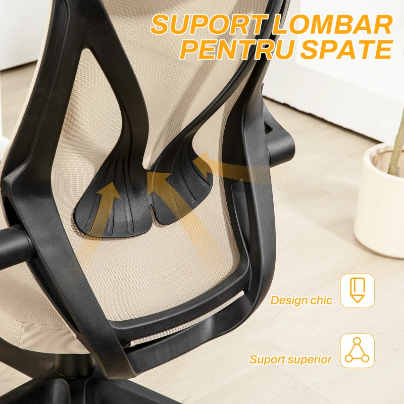 HOMCOM Scaun Ergonomic de Birou cu Brațe Rabatabile, Tetieră, Înălțime Reglabilă și Funcție de Leagăn, 66x66x121 cm, Bej