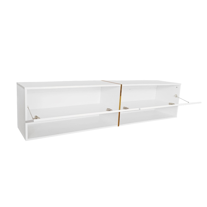 Meuble TV brillant, meuble bas avec portes, espace de rangement combiné, mural/autonome, 172×35×40 cm, Blanc
