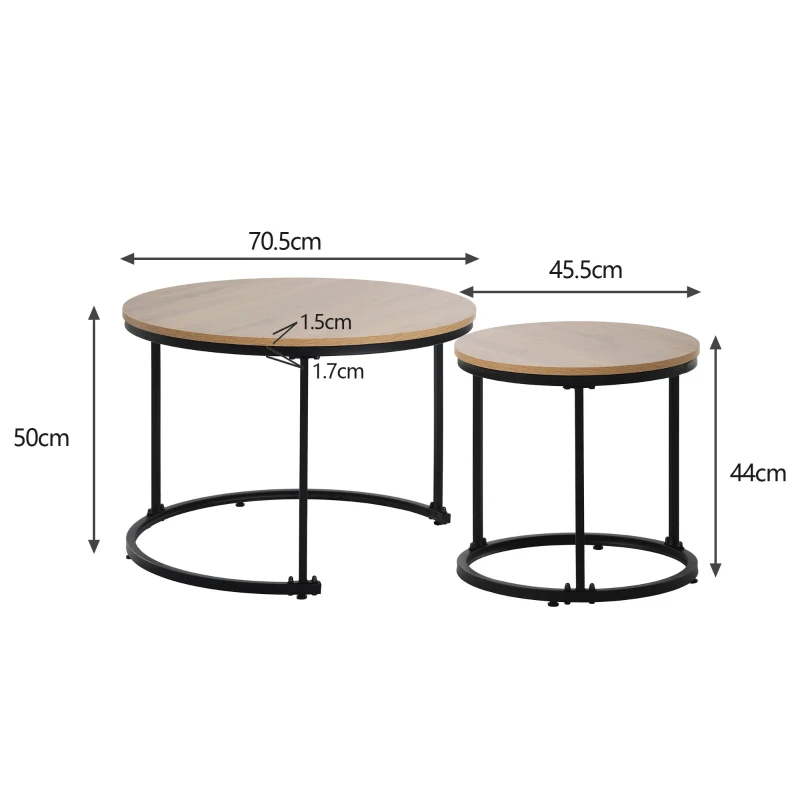 Runder Couchtisch 2er Set, Stapelbare Beistelltische aus MDF mit Metallrahmen, Platzsparendes Design, Großer Tisch: 50 x 70,5 cm, Kleiner Tisch: 45,5 x 44 cm,  Eiche