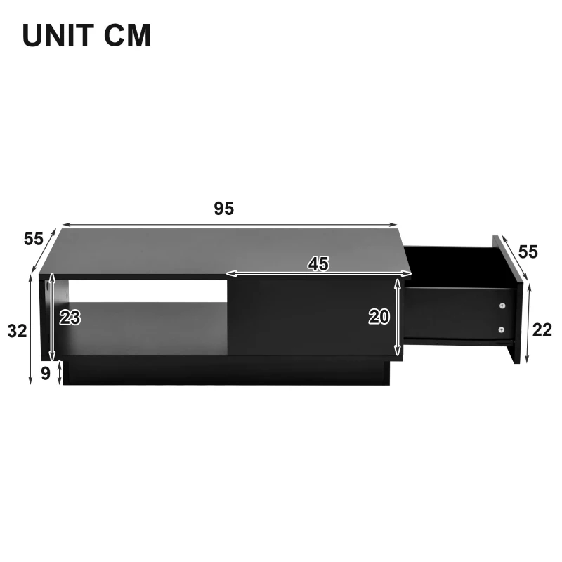 Moderner Hochglanz-Couchtisch mit LED-Licht, 15 Farben, 1 Schublade und 2 Regalen, 95×55×32 cm,  Schwarz