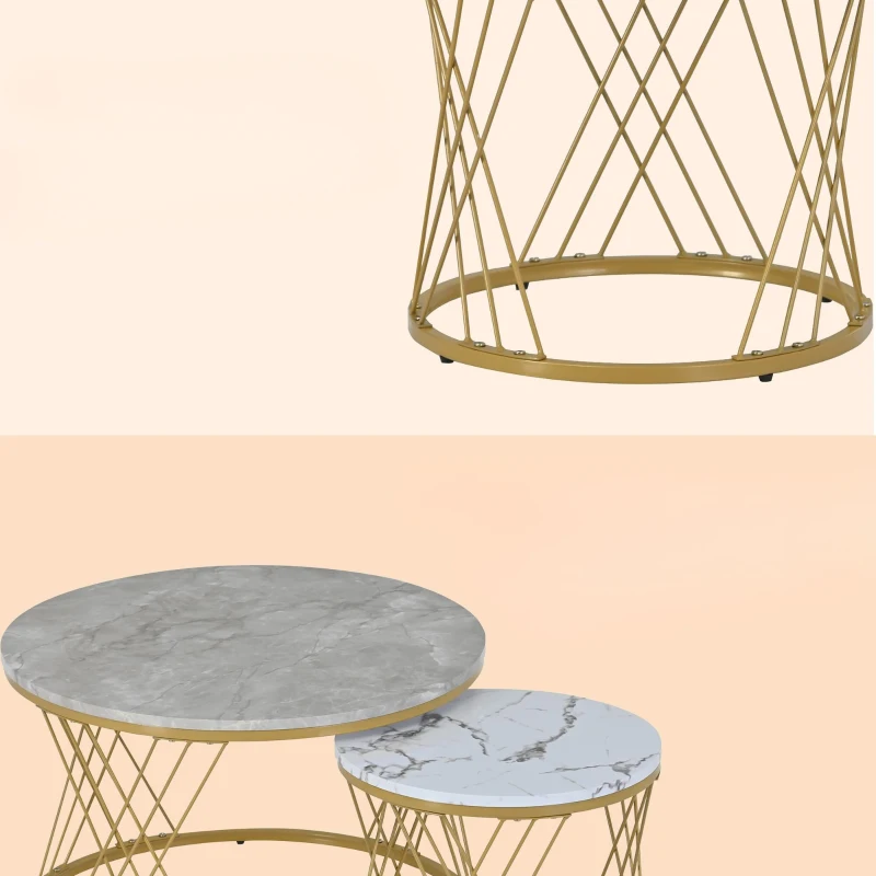 Ensemble de tables basses modernes gigognes,  lot de 2,  MDF avec motif marbre,  tables d'appoint rondes,  cadre en métal stable,  70×70×45 cm, Gris
