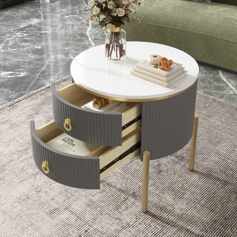 Table d'appoint avec tiroirs, structure en marbre, pieds et poignées dorés, réglable, 50×50×51 cm, Gris