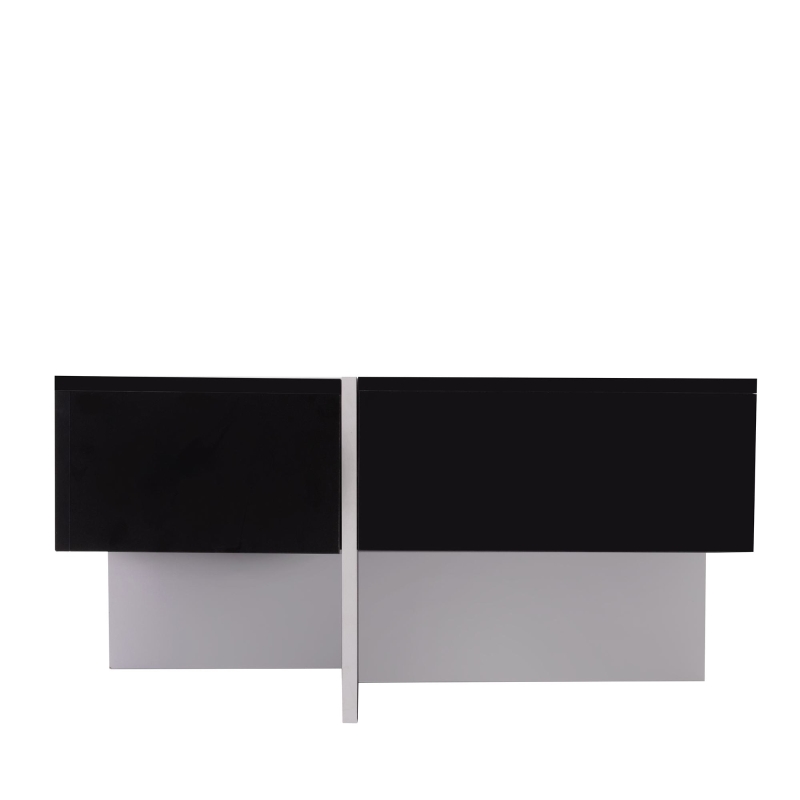Table basse élégante en finition brillante avec compartiment de rangement intégré et 4 tiroirs,  70×70×35 cm, Noir Blanc