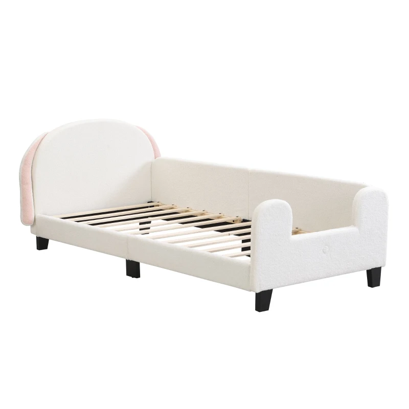 Lit pour enfant 90×200 cm avec sommier à lattes, en forme de lapin, tête de lit en sherpa, montage facile, matelas non inclus,Blanc+Rose