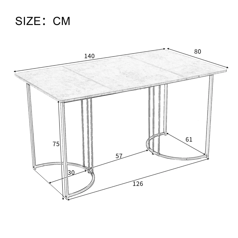 Table à manger moderne 140 x 80 cm, table rectangulaire avec motif marbre, structure en métal et pieds réglables pour salle à manger et salon,Blanc