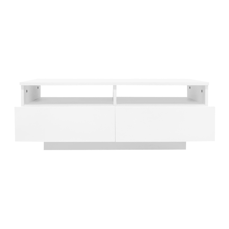 Tavolino da salotto LED lucido con 2 cassetti, con luci LED a 16 colori e USB, 95×50×35 cm, Bianco