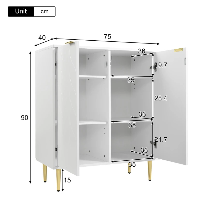 Credenza con 2 ante, 3 ripiani, 6 scomparti, piedi e maniglia dorati, motivo floreale, per soggiorno, bagno e camera da letto, 75L x 40P x 90A, Dorato + Bianco