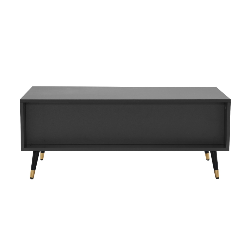 Măsuță de cafea modernă 100×50×40 cm cu 2 uși, 2 sertare și accente aurii, spațiu de depozitare practic, Alb+gri
