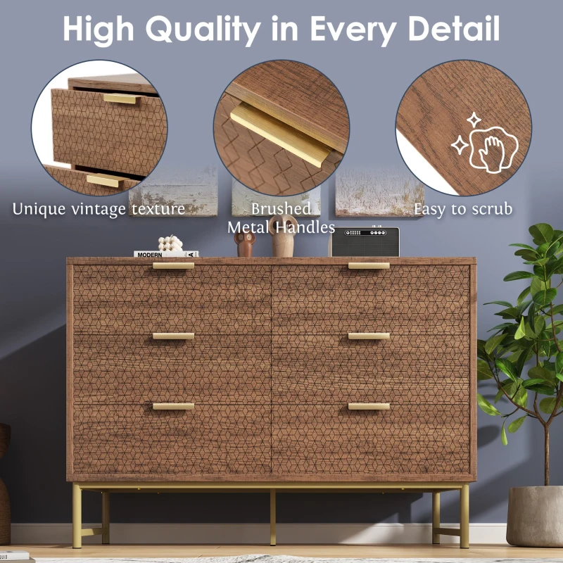Embossed Design Wood Chest of Drawers with 6 Drawers, Living Room Sideboard with Anti-tip Design, 120L x 40W x 75H cm, Walnut