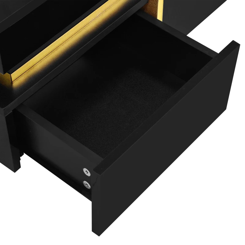 Table basse brillante pour salon avec tiroirs et accents dorés, Noir