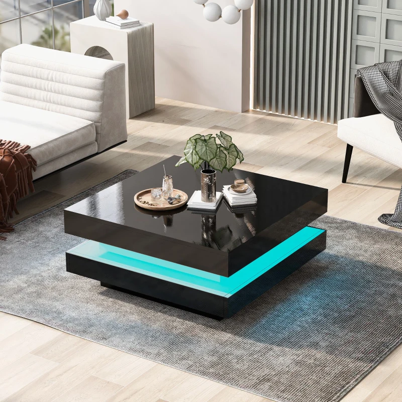 Table basse carrée,  style technologique moderne avec éclairage LED,  70×70×36 cm, Noir
