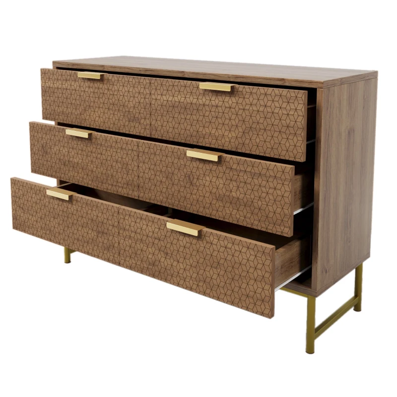 Embossed Design Wood Chest of Drawers with 6 Drawers, Living Room Sideboard with Anti-tip Design, 120L x 40W x 75H cm, Walnut