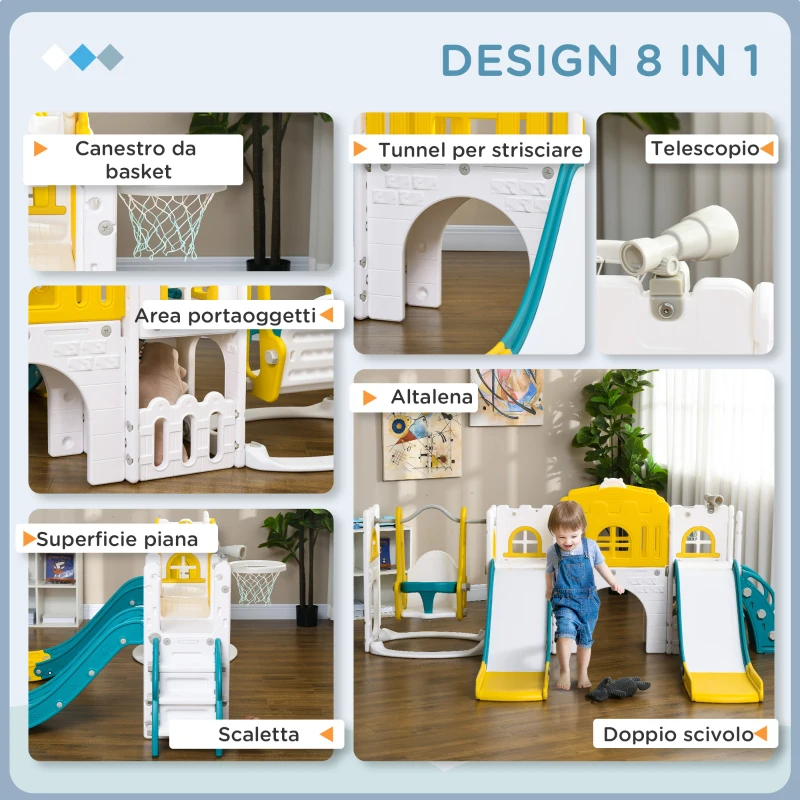 AIYAPLAY Gioco per Bambini 8 in 1 con 2 Scivoli e Altalena Età 1-3 Anni, Scaletta e Canestro, Giallo