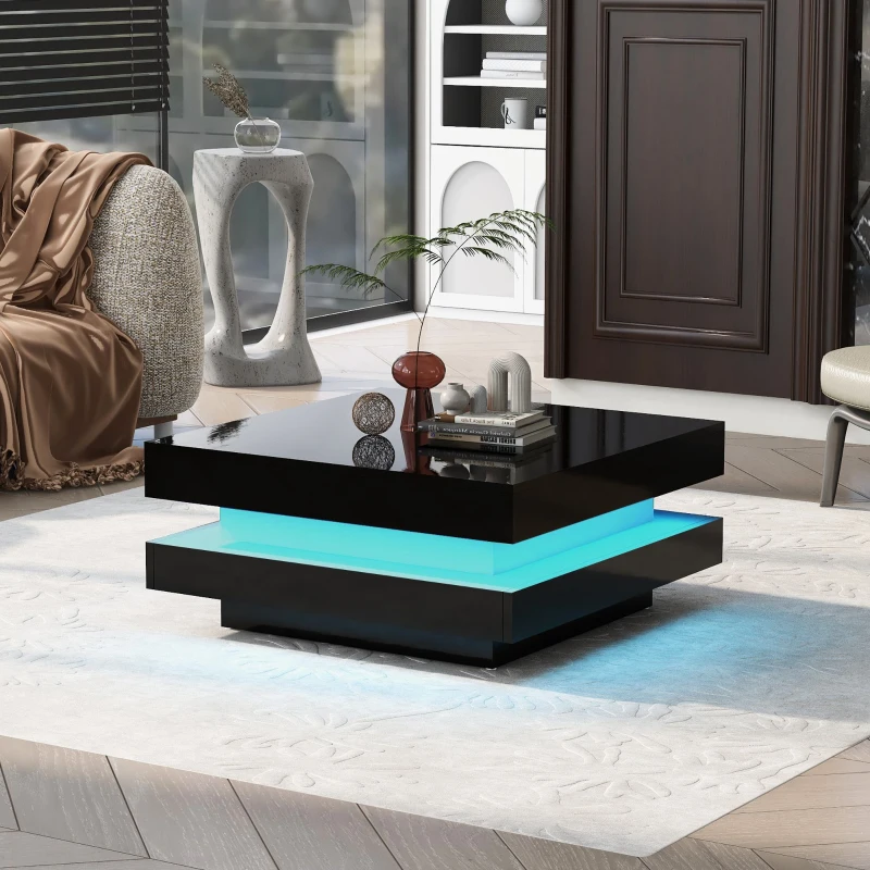 Table basse carrée,  style technologique moderne avec éclairage LED,  70×70×36 cm, Noir