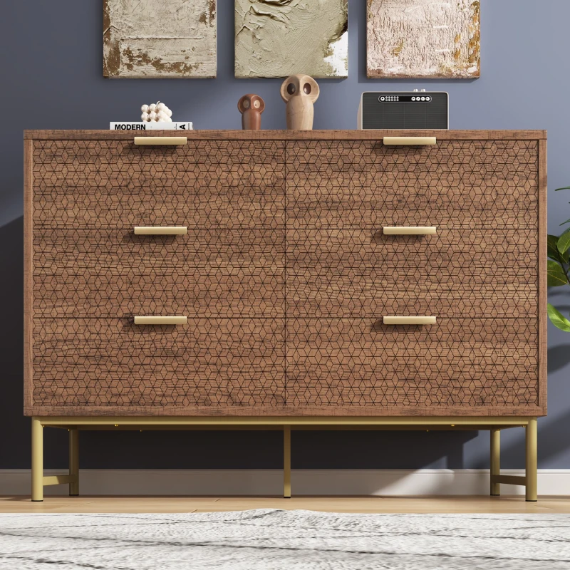 Embossed Design Wood Chest of Drawers with 6 Drawers, Living Room Sideboard with Anti-tip Design, 120L x 40W x 75H cm, Walnut
