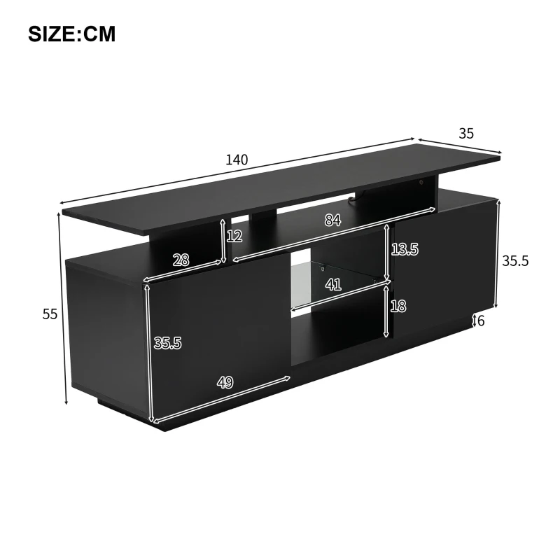 Mobilier TV modern cu iluminare LED în 16 culori, panou frontal lucios, raft din sticlă, 140×35×55 cm, Negru