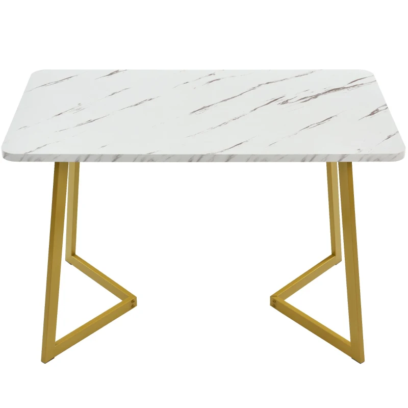 Table rectangulaire 117x68 cm, plateau en MDF effet marbre, pieds en métal doré, polyvalent pour salle à manger et salon,Blanc Doré