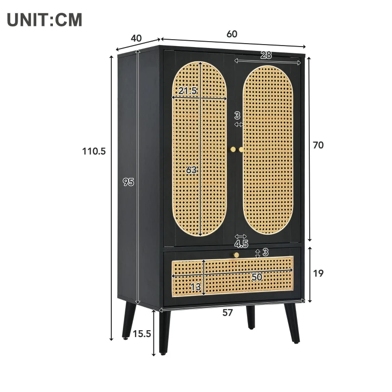 Comodă compactă, design din ratan, 2 uși, 1 sertar, 60×40×110,5 cm, Negru