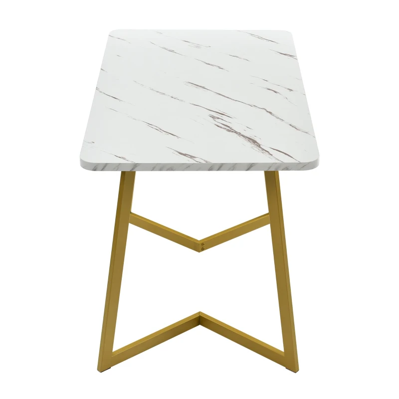 Table rectangulaire 117x68 cm, plateau en MDF effet marbre, pieds en métal doré, polyvalent pour salle à manger et salon,Blanc Doré