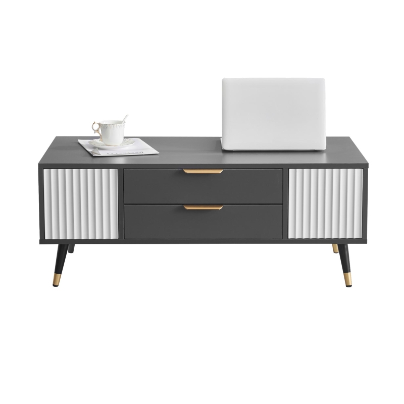 Măsuță de cafea modernă 100×50×40 cm cu 2 uși, 2 sertare și accente aurii, spațiu de depozitare practic, Alb+gri