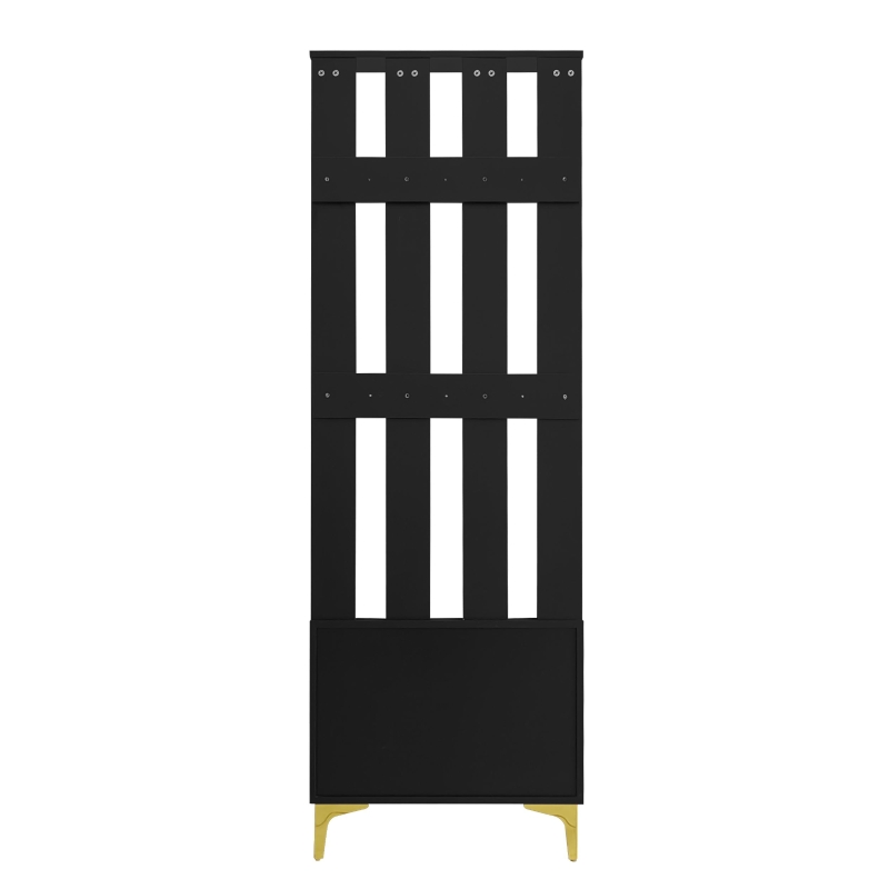 Set guardaroba con panca per scarpe e cuscino, frontale armadio con ganci, 60,5×180,5×35,2 cm, Nero+Oro