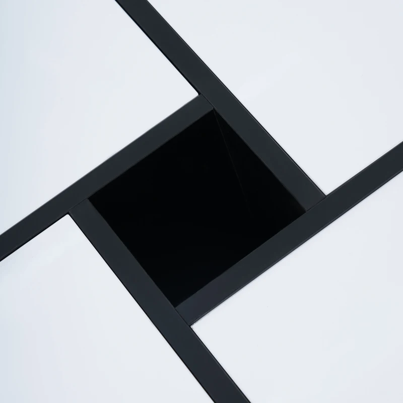 Table basse carrée moderne,  5 compartiments ouverts,  compartiment de rangement central 10x10 cm, 70x70x35 cm, Noir Blanc