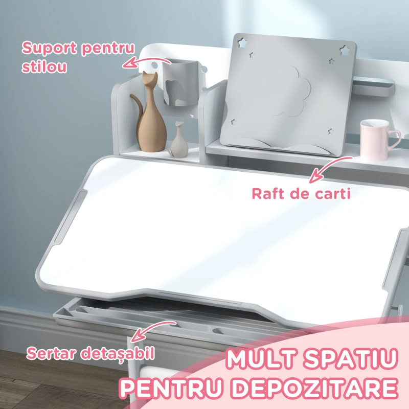 AIYAPLAY Birou Copii 3-12 Ani Reglabile pe Înălțime și Blat Înclinabil la 45°, 80x55x107.5 cm, Gri(m-6)