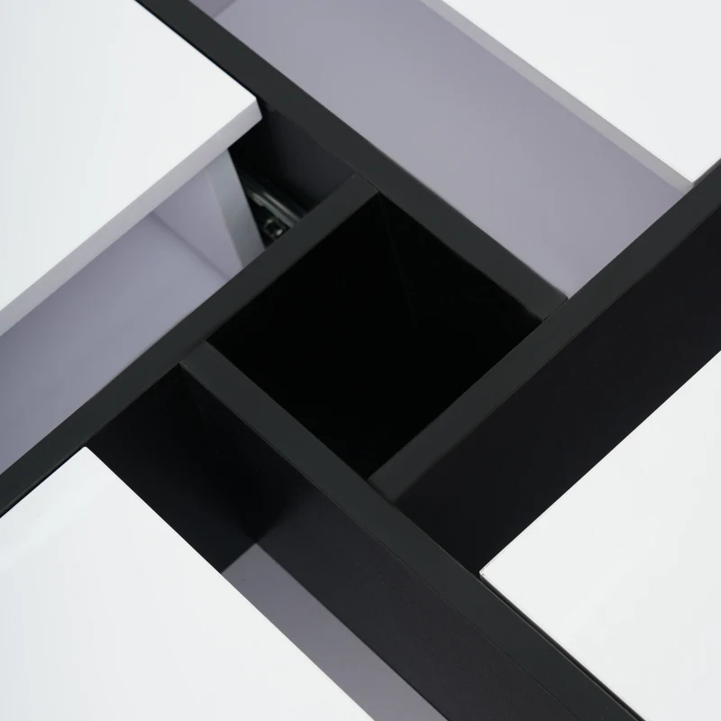 Table basse élégante en finition brillante avec 4 tiroirs,  compartiment de rangement intégré et haute stabilité,  70×70×35 cm, Blanc+Noir