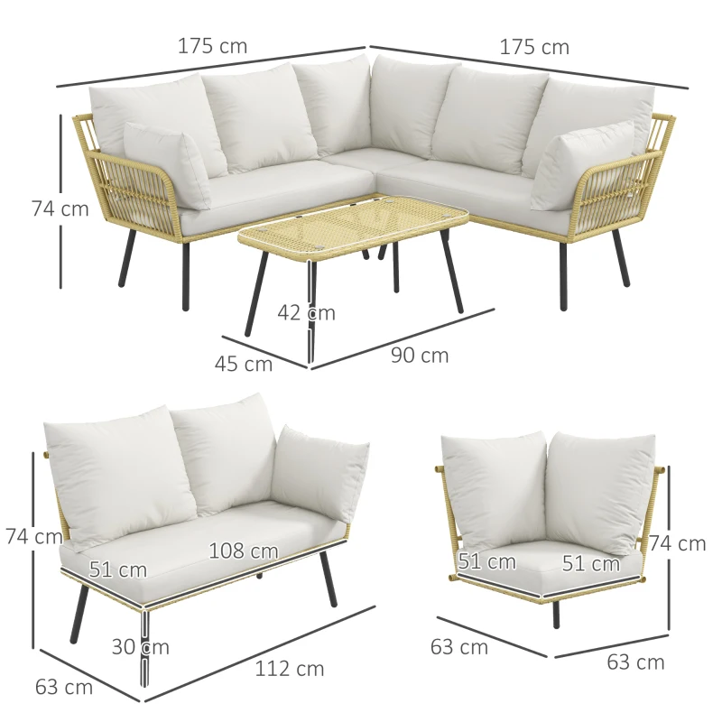 Outsunny Set de Mobilier de Grădină din Ratan din 4 Piese cu Canapea de Colț cu Perne și Măsuță de Cafea, 11x63x74 cm, Crem(m-3)