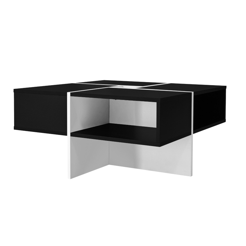 Table basse carrée moderne,  70×70×35 cm,  design noir et blanc,  5 compartiments ouverts,  compartiment central 10×10 cm, Blanc+Noir