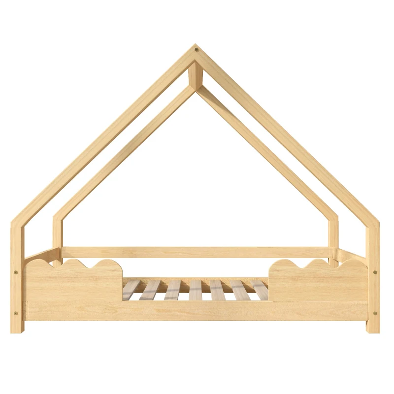 Lit maison pour enfants 80×160 cm avec barrière de sécurité, lit de jeu pour adolescents en bois massif, inclus sommier à lattes, Naturel