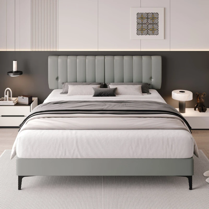 Stilvolles Polsterbett, 140×200, Kunstleder, Abnehmbare Rückenlehne mit Reißverschluss, Lattenrost und Kopfteil, ohne Matratze, Grau