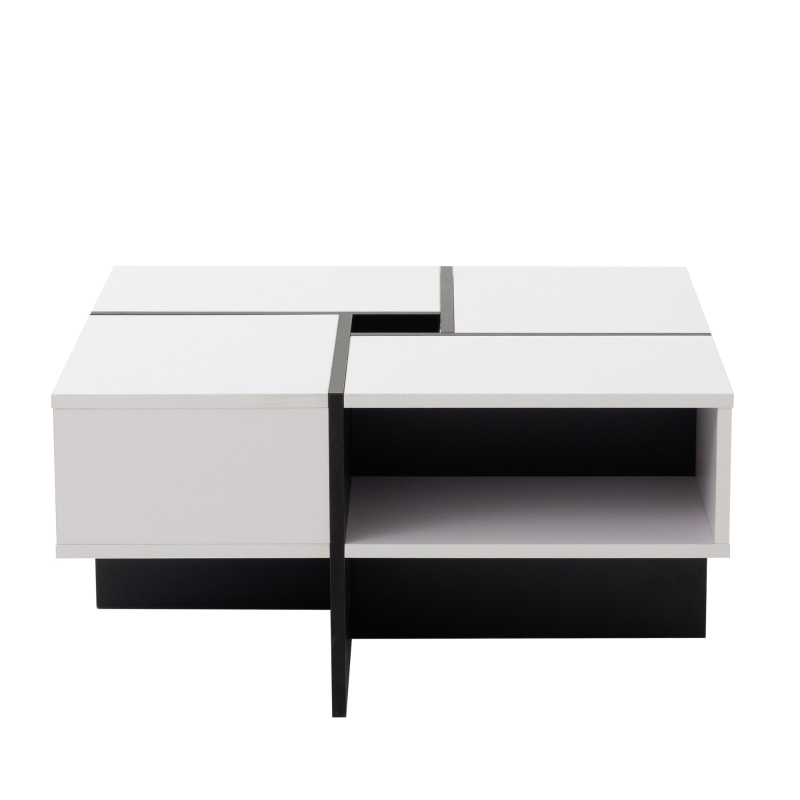 Table basse carrée moderne,  5 compartiments ouverts,  compartiment de rangement central 10x10 cm, 70x70x35 cm, Noir Blanc