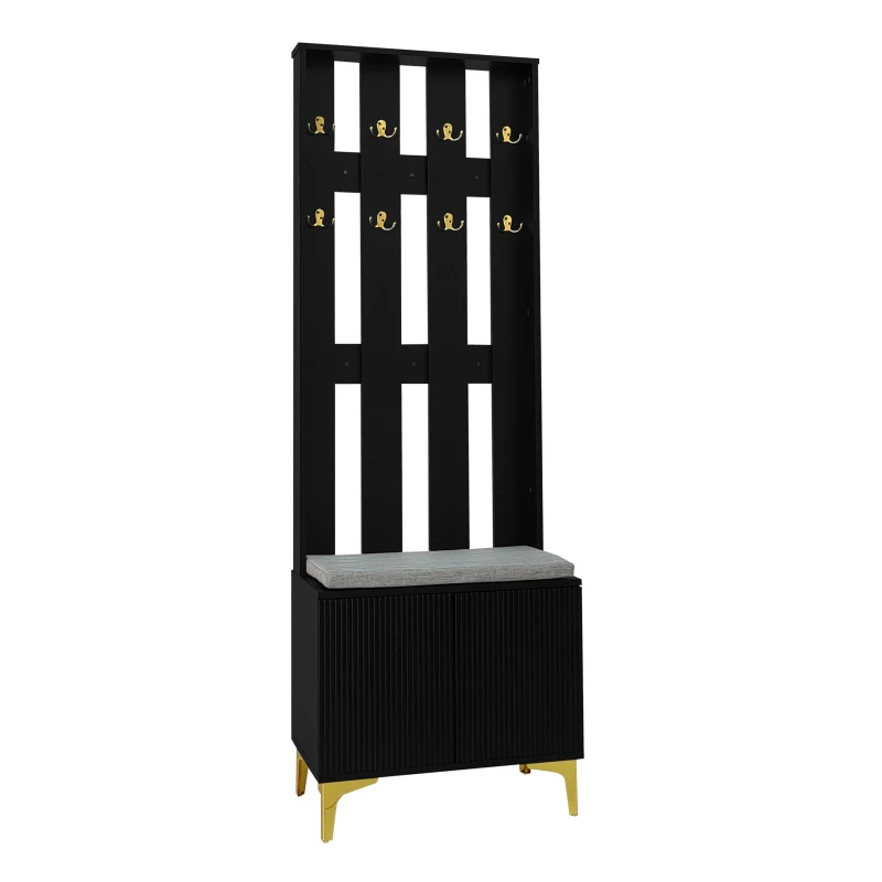 Set guardaroba con panca per scarpe e cuscino, frontale armadio con ganci, 60,5×180,5×35,2 cm, Nero+Oro