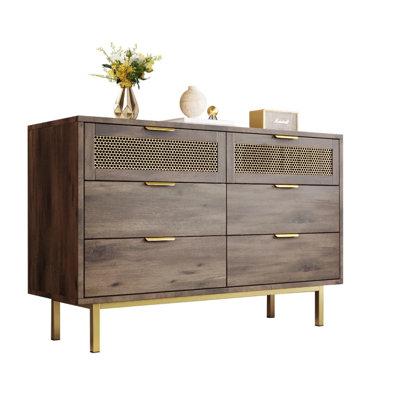 Sideboard Cabinet with 6 Drawers and Metal Handles, Multipurpose Storage Cabinets for Hallway, Bedroom, 120L x 40W x 76H cm, Dark Brown