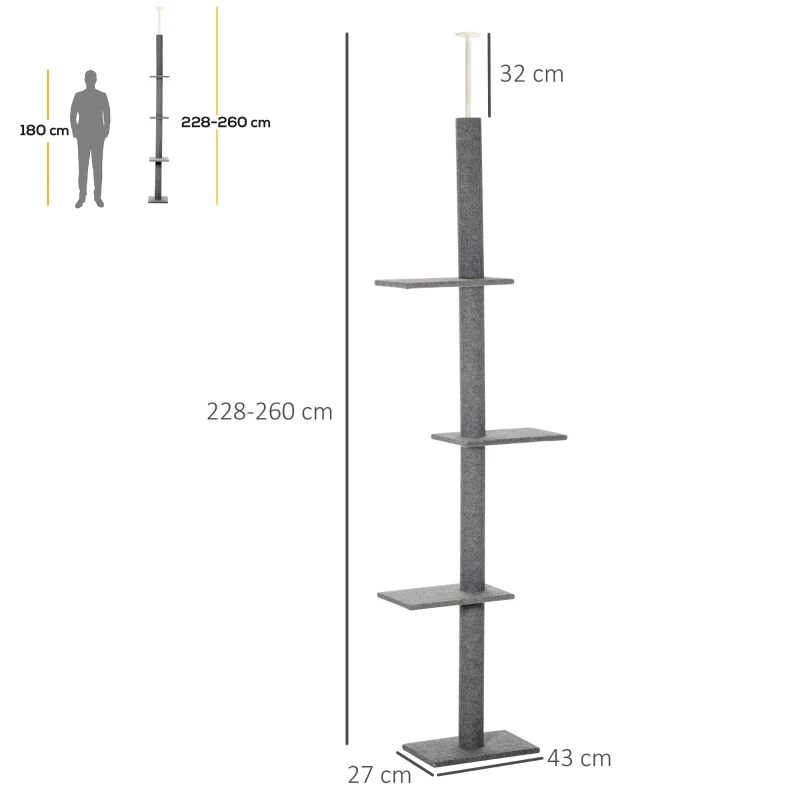 PawHut Stâlp de Zgâriat pentru Pisici pe 4 Niveluri și Fixare pe Tavan Reglabil, 43x27x228-260 cm, Gri